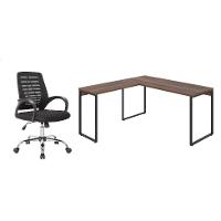 Conjunto de Mesa Kuadra Nogal 150 cm com Cadeira de Escritório Secretária Giratória Light Preta - 1