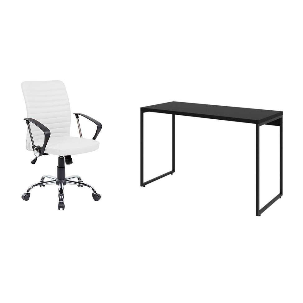 Conjunto de Mesa Studio Preta 120 cm com Cadeira de Escritório Diretor Giratória Oslo Branca - 1
