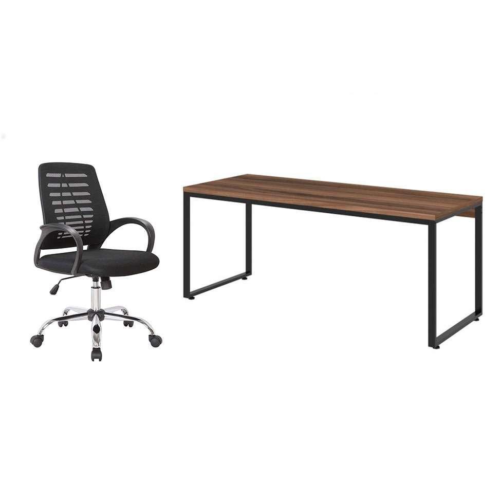 Conjunto de Mesa Kuadra Nogal com Cadeira de Escritório Secretária Giratória Light Preta - 1