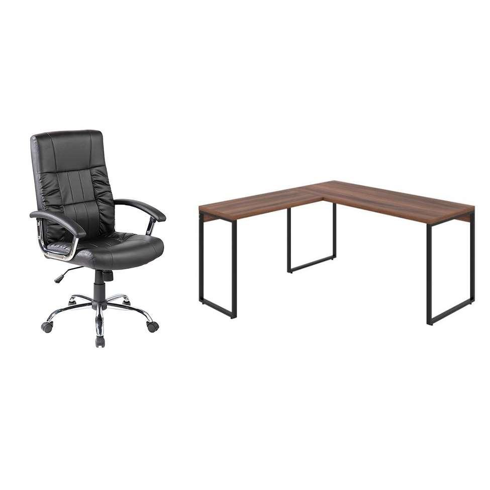 Conjunto de Mesa Kuadra Nogal 150 cm com Cadeira de Escritório Presidente Giratória com Relax Office Plus Preta - 1