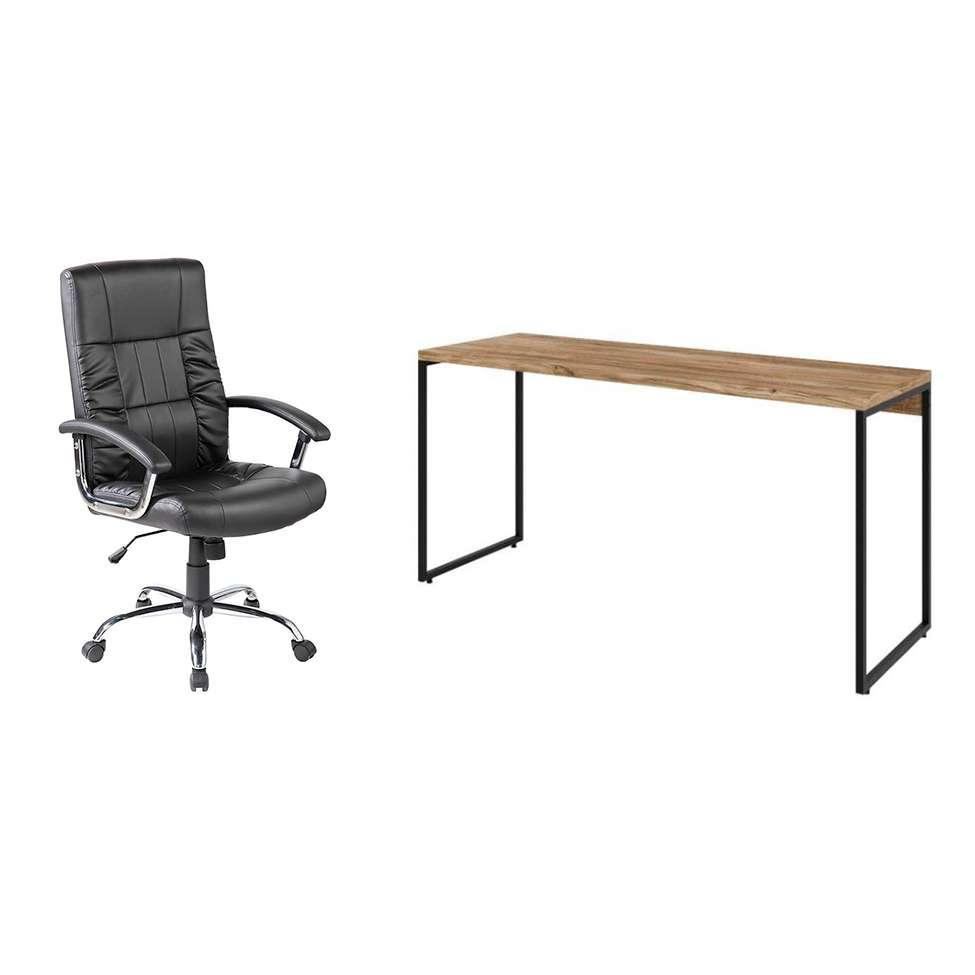 Conjunto de Mesa Studio Carvalho 150 cm com Cadeira de Escritório Presidente Giratória com Relax Office Plus Preta - 1