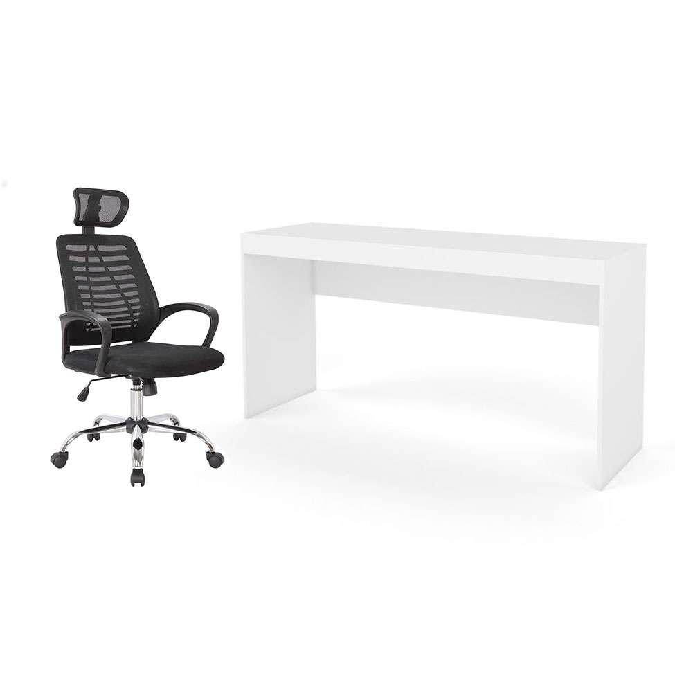 Conjunto de Mesa Marselha Branca com Cadeira de Escritório Diretor Giratória Light Preta - 1
