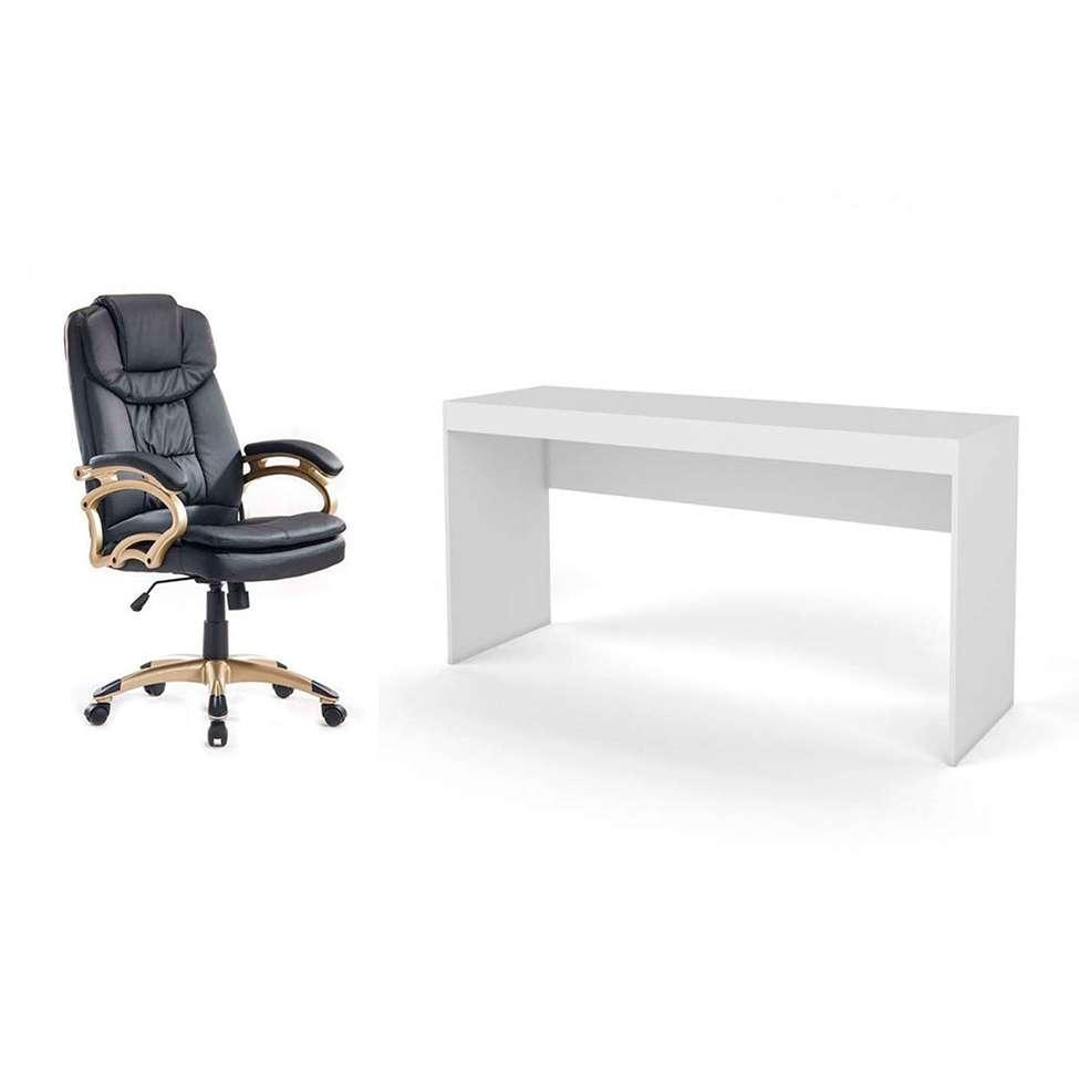 Conjunto de Mesa Marselha Branca com Cadeira de Escritório Presidente Giratória com Relax Clark Preta e Dourada - 1