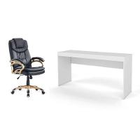 Conjunto de Mesa Marselha Branca com Cadeira de Escritório Presidente Giratória com Relax Clark Preta e Dourada - 1