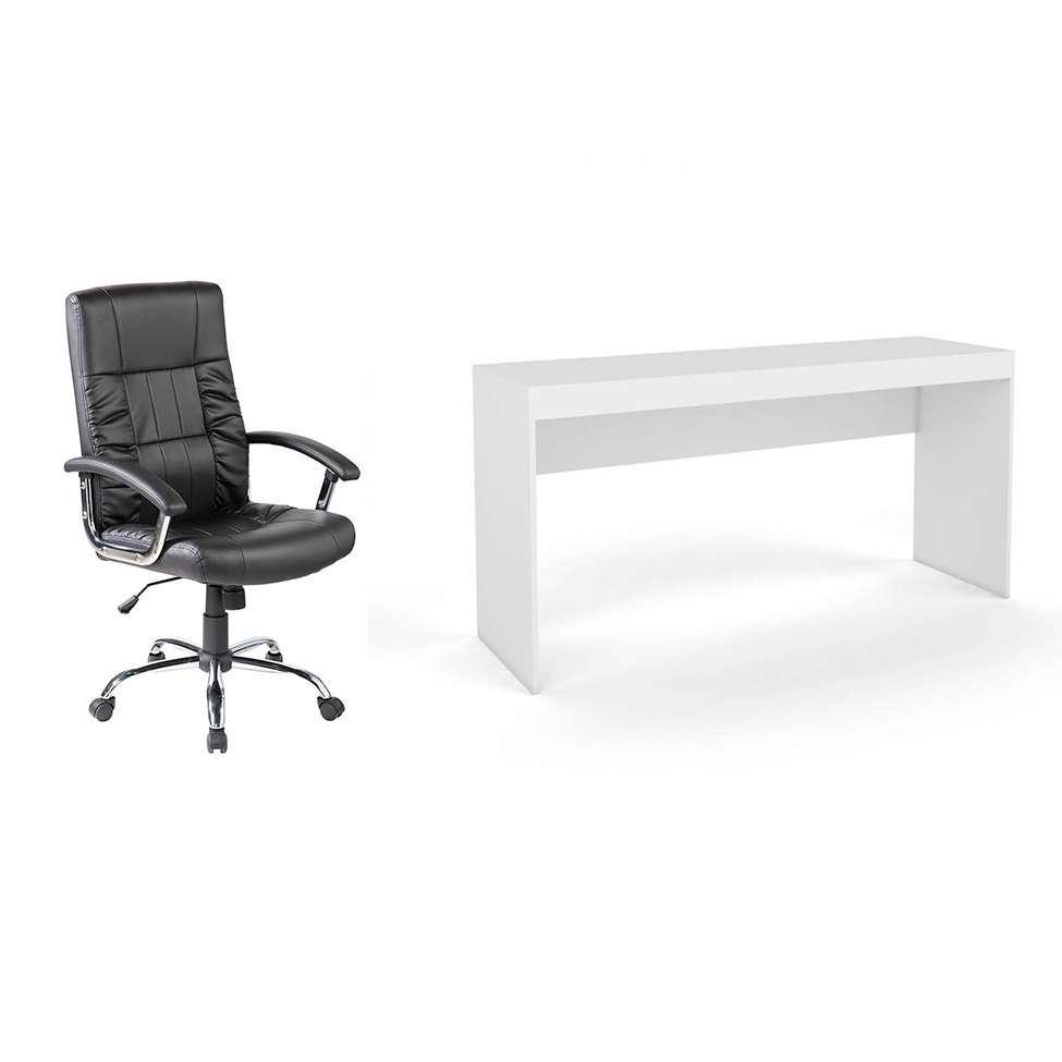 Conjunto de Mesa Marselha Branca com Cadeira de Escritório Presidente Giratória com Relax Office Plus Preta - 1