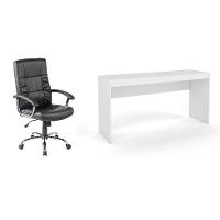 Conjunto de Mesa Marselha Branca com Cadeira de Escritório Presidente Giratória com Relax Office Plus Preta - 1
