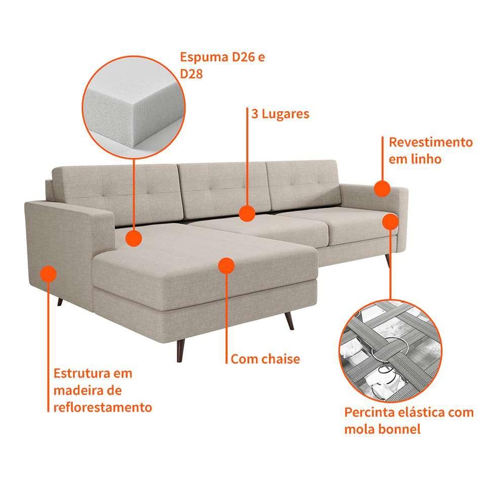 Sofá 3 Lugares Living com Chaise Esquerdo Pé Palito Linho Cotton Cru - 4