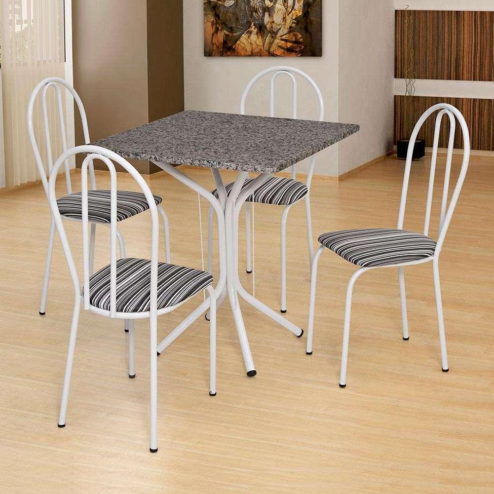 Conjunto de Mesa com 4 Cadeiras Thais Branco, Listrado Branco e Preto - 1