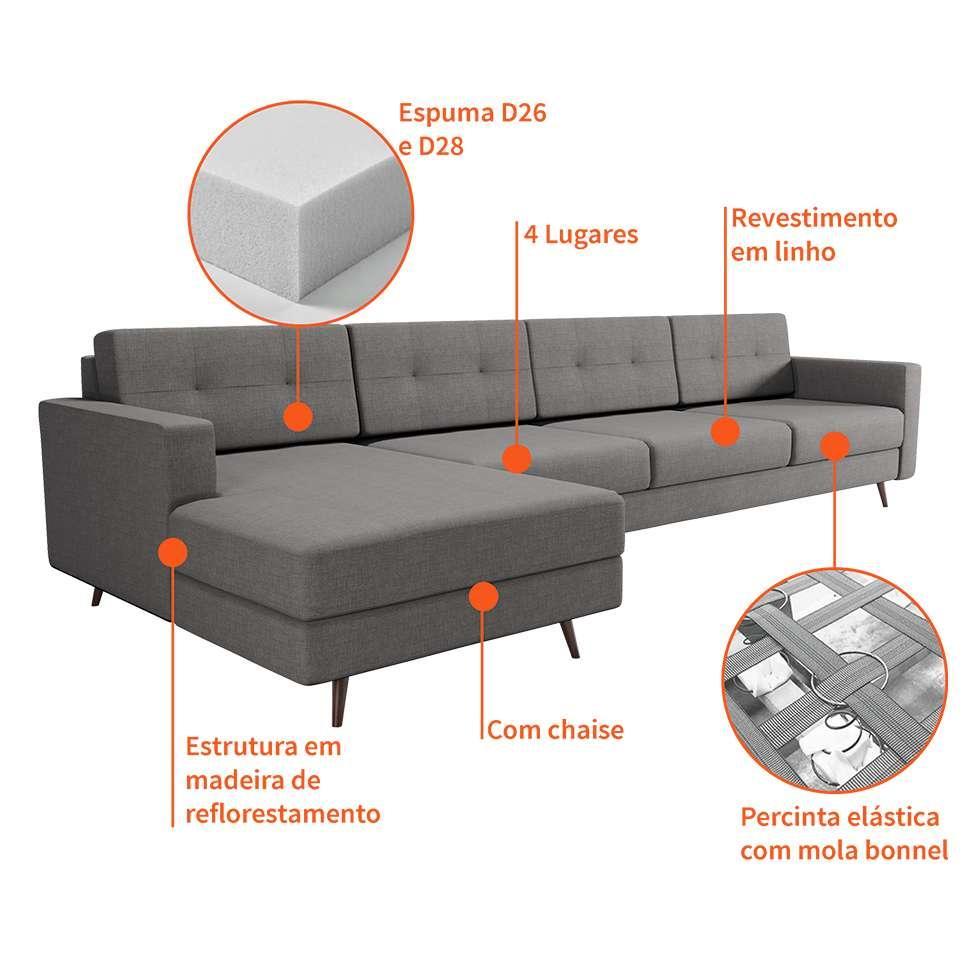 Sofá 4 Lugares Living com Chaise Esquerdo Pé Palito Linho Cotton Cinza - 4