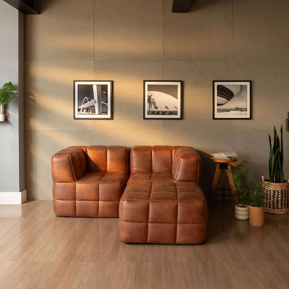 Sofá Guldi Popup com 2 Módulos Canto e Puff Corino Caramelo - 1