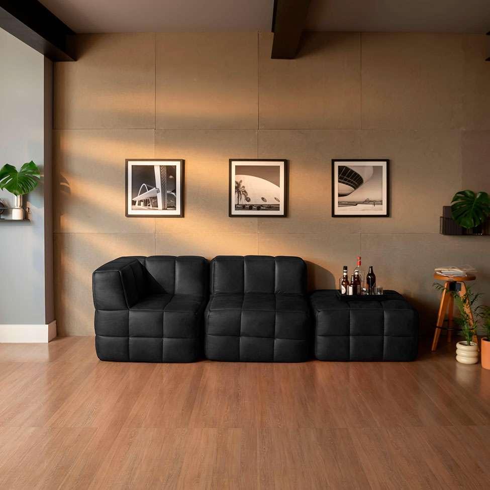 Sofá Guldi Popup com  Módulo Canto Central e Puff Corino Preto - 1