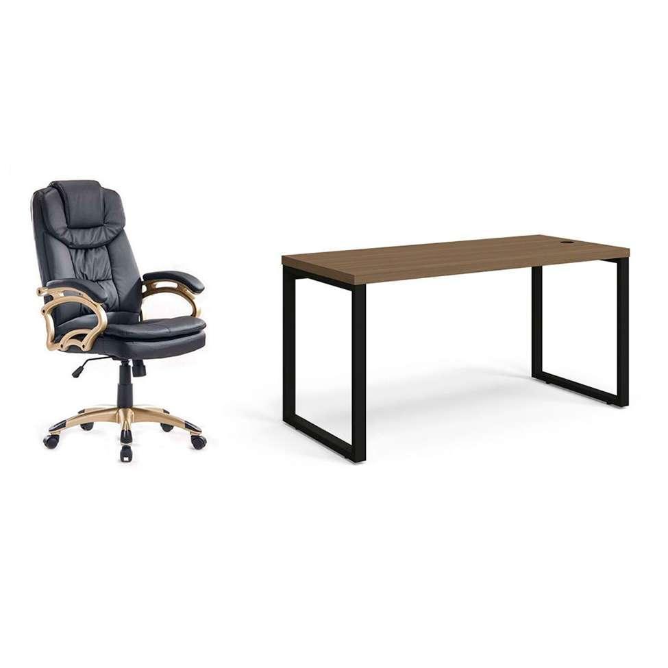 Conjunto de Mesa Munique Carvalho 150 cm com Cadeira de Escritório Presidente Giratória com Relax Clark Preta e Dourada - 1