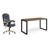 Conjunto de Mesa Munique Carvalho 150 cm com Cadeira de Escritório Presidente Giratória com Relax Clark Preta e Dourada - 1