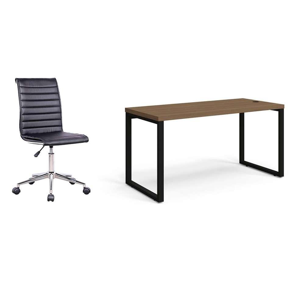 Conjunto de Mesa Munique Carvalho 150 cm com Cadeira de Escritório Secretária Giratória Marilyn Preta - 1
