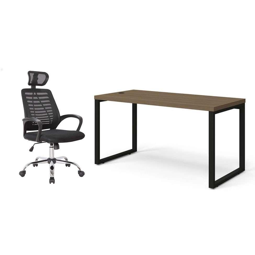 Conjunto de Mesa Munique Carvalho 150 cm com Cadeira de Escritório Diretor Giratória Light Preta - 1