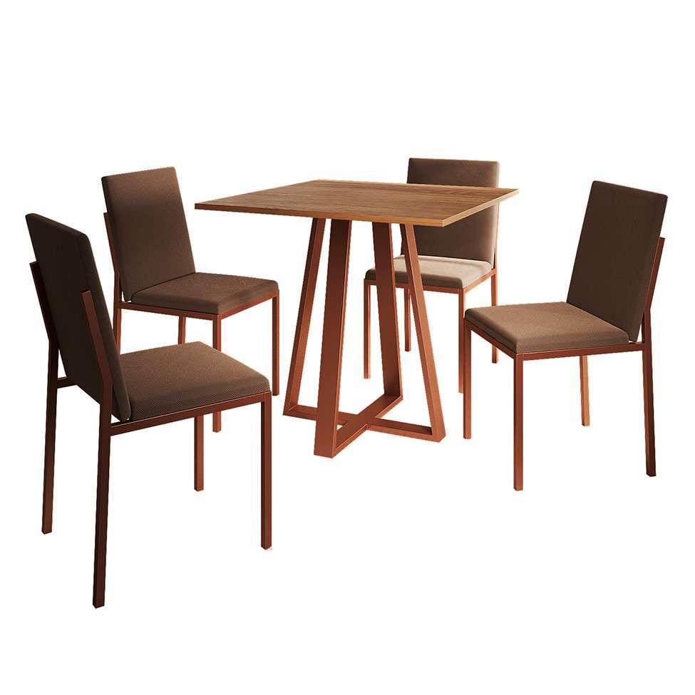 Conjunto de Mesa de Jantar com Tampo Imbuia e 4 Cadeiras Mônaco Veludo Marrom e Cobre - 1