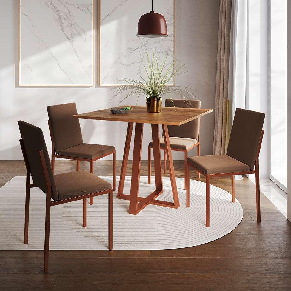 Conjunto de Mesa de Jantar com Tampo Imbuia e 4 Cadeiras Mônaco Veludo Marrom e Cobre - 2