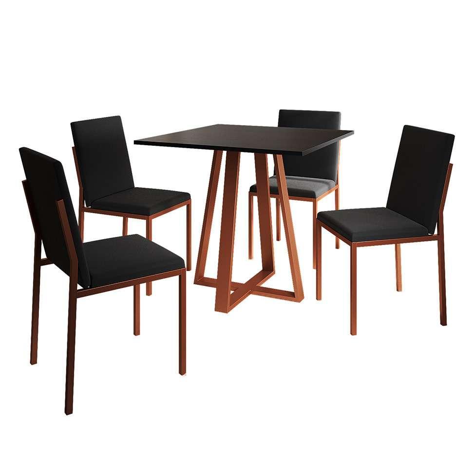 Conjunto de Mesa de Jantar com 4 Cadeiras Mônaco Veludo Preto e Cobre - 1