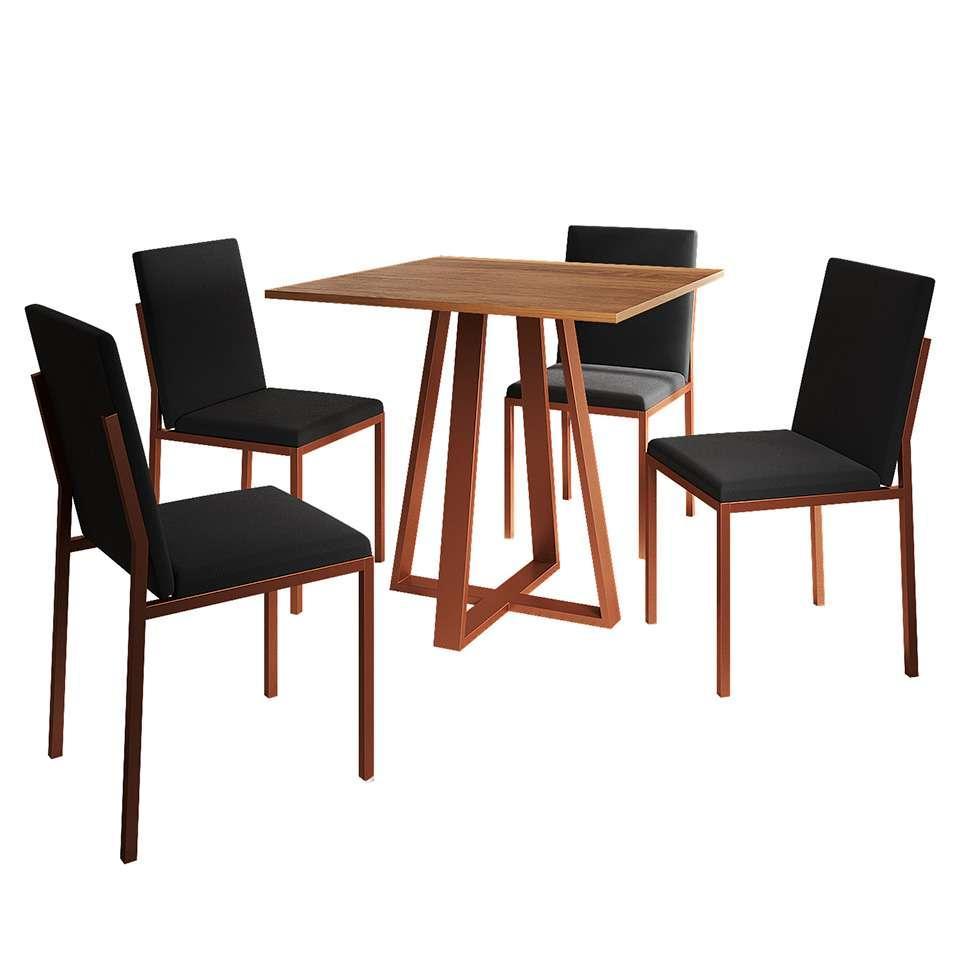 Conjunto de Mesa de Jantar com Tampo Imbuia e 4 Cadeiras Mônaco Veludo Preto e Cobre - 1