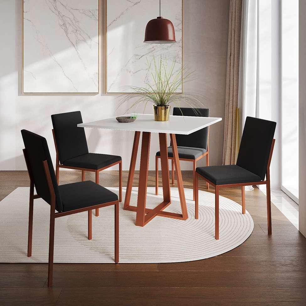 Conjunto de Mesa de Jantar com Tampo Branco e 4 Cadeiras Mônaco Veludo Preto e Cobre - 2