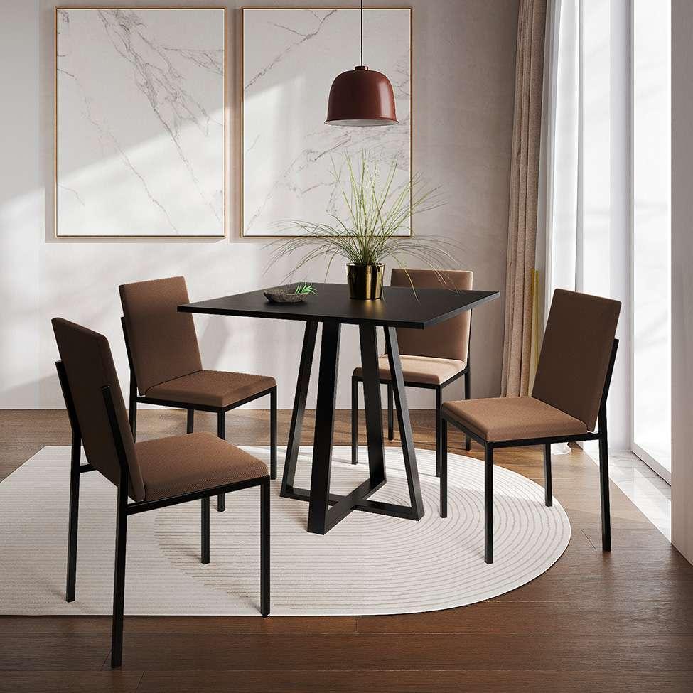 Conjunto de Mesa de Jantar com 4 Cadeiras Mônaco Veludo Marrom e Preto - 2