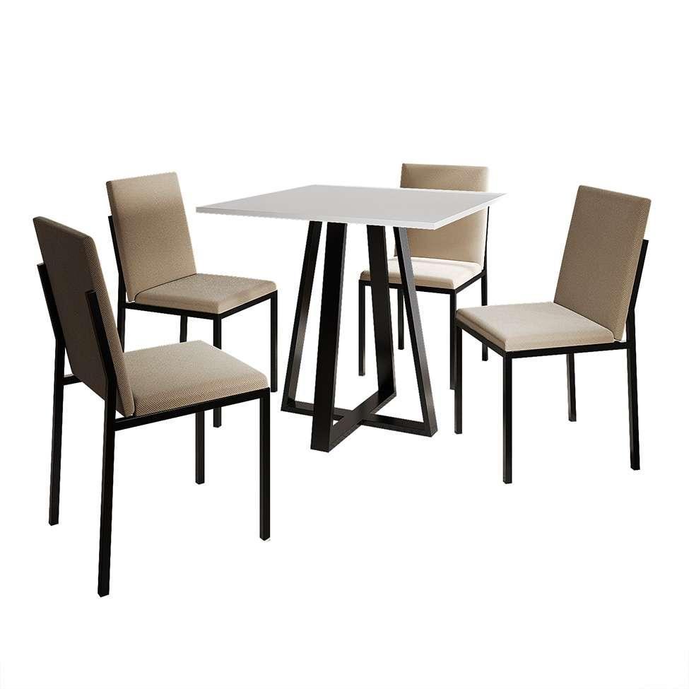 Conjunto de Mesa de Jantar com Tampo Branco e 4 Cadeiras Mônaco Veludo Bege e Preto - 1