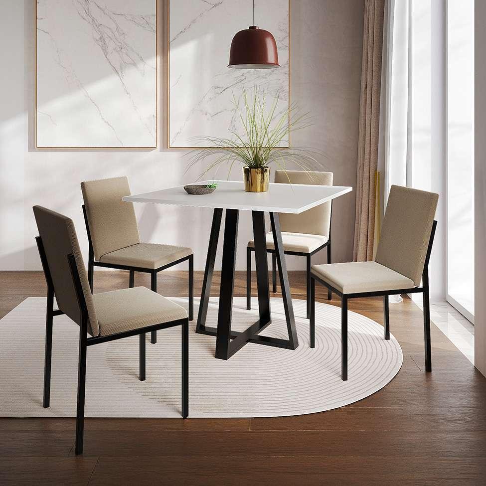 Conjunto de Mesa de Jantar com Tampo Branco e 4 Cadeiras Mônaco Veludo Bege e Preto - 2
