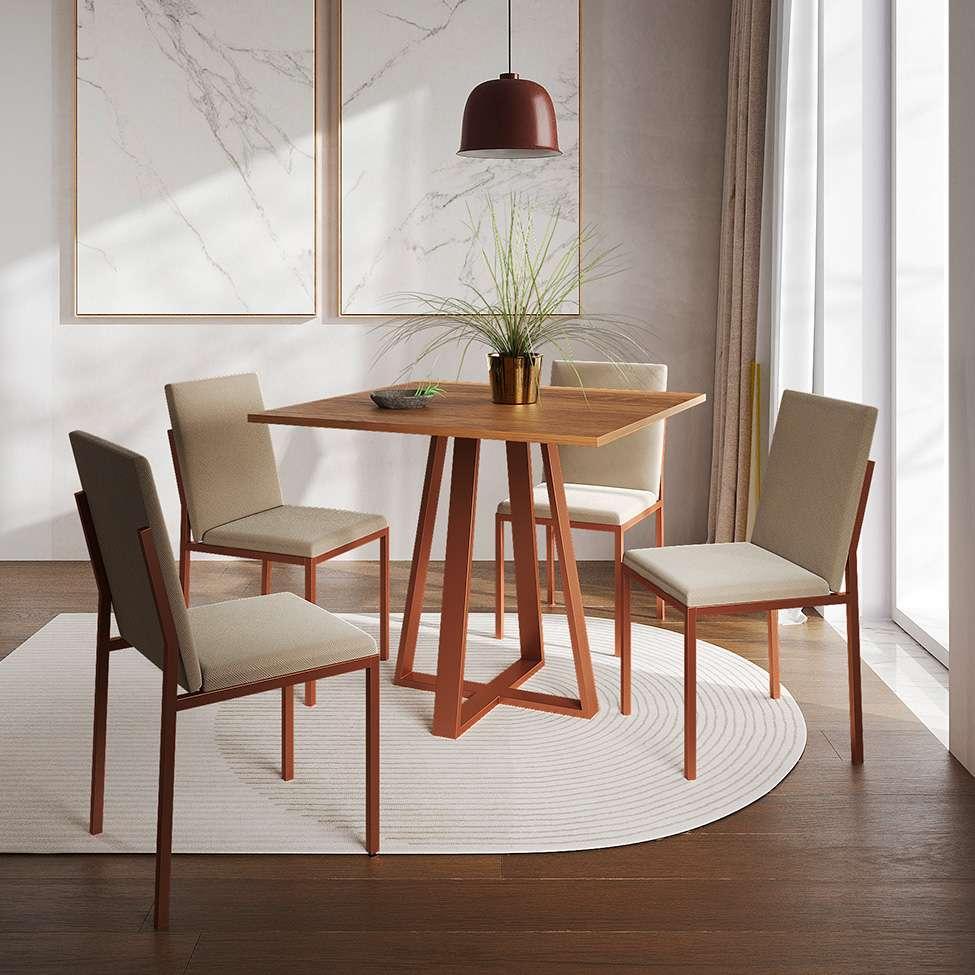 Conjunto de Mesa de Jantar com Tampo Imbuia e 4 Cadeiras Mônaco Veludo Bege e Cobre - 2