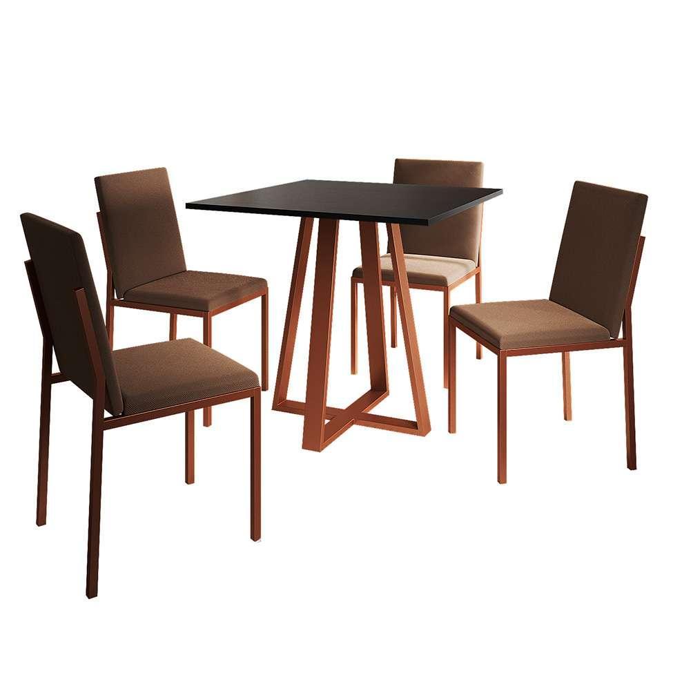 Conjunto de Mesa de Jantar com Tampo Preto e 4 Cadeiras Mônaco Veludo Marrom e Cobre - 1