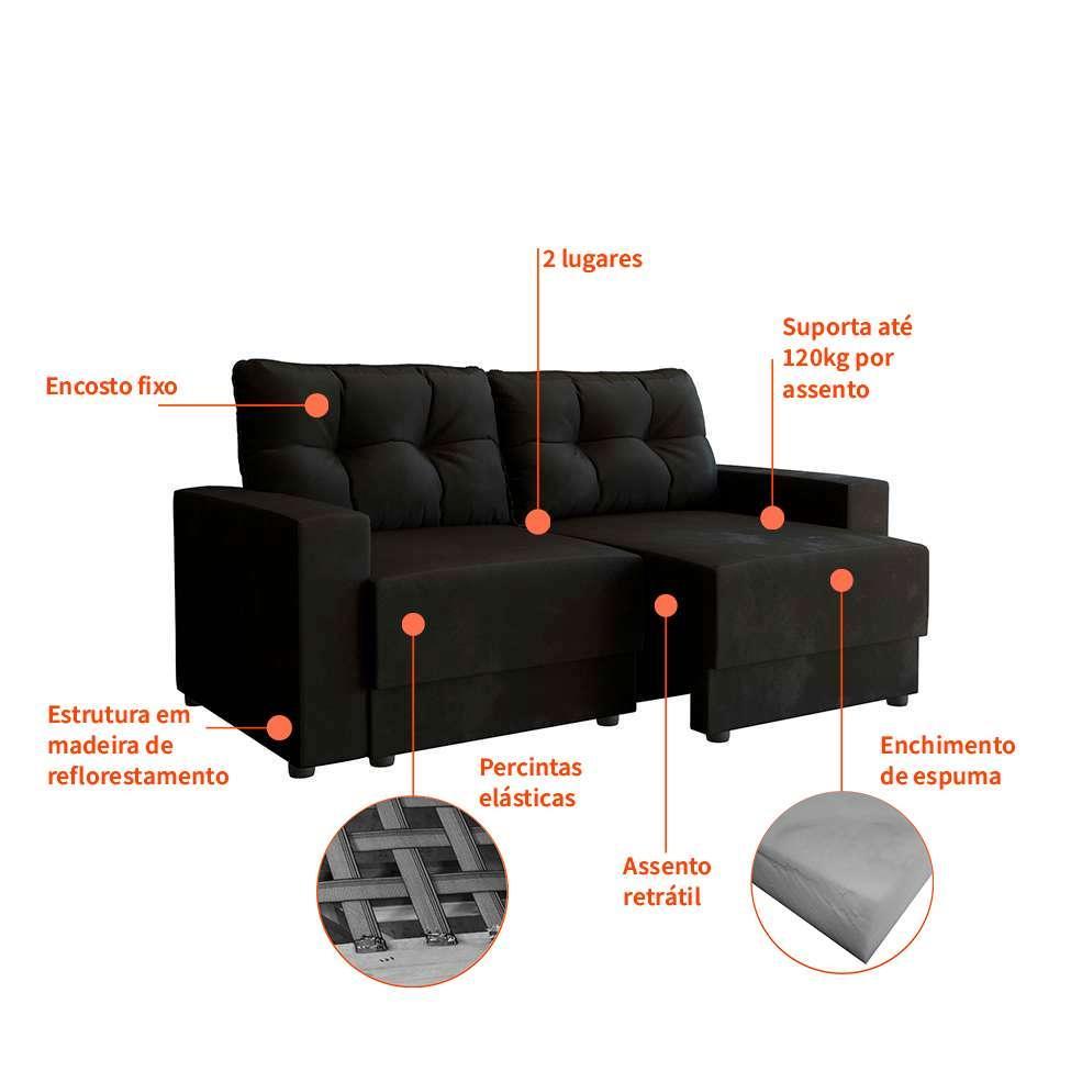 Sofá 2 Lugares Retrátil Lubeck Suede Preto 140 cm - 4