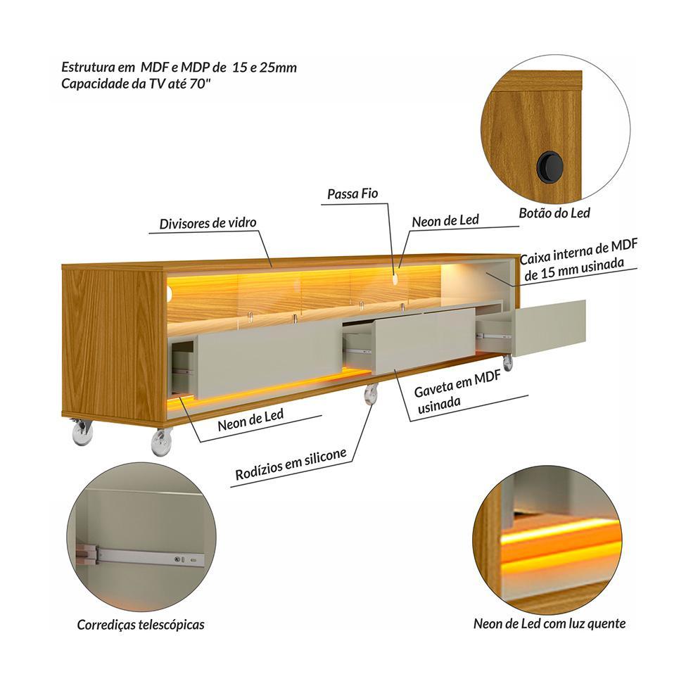 Rack para TV até 70 Polegadas Andorra com LED 3 GV Cedro e Off White - 7