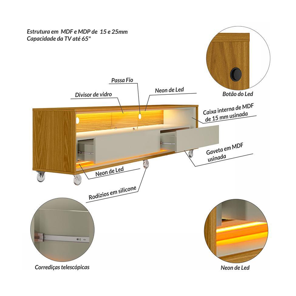 Rack com Painel Ripado até 70 Polegadas Sintra com LED 2 GV Cedro e Off White Alt 218 Larg 177 cm - 4