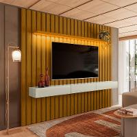 Painel Ripado com Rack Suspenso até 70 Polegadas Tulum com LED 1 PT 2 GV Cedro e Off White Alt 242 Larg 222 cm - 1