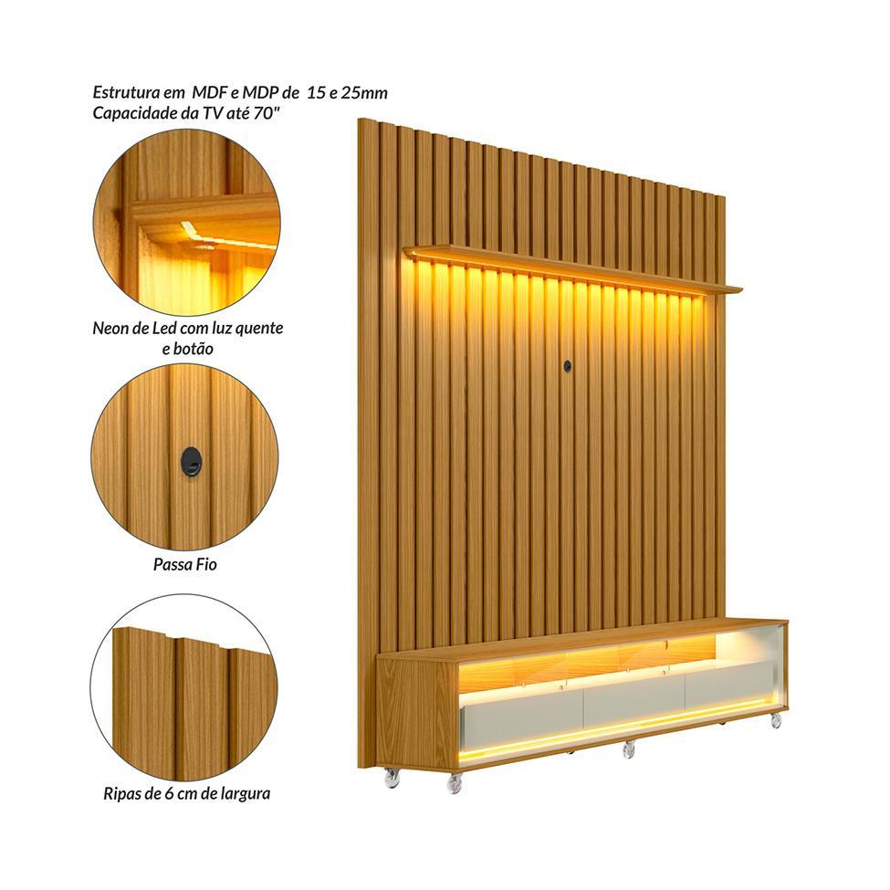 Rack com Painel Ripado até 70 Polegadas Sintra com LED 3 GV Cedro e Off White Alt 242 Larg 222 cm - 4