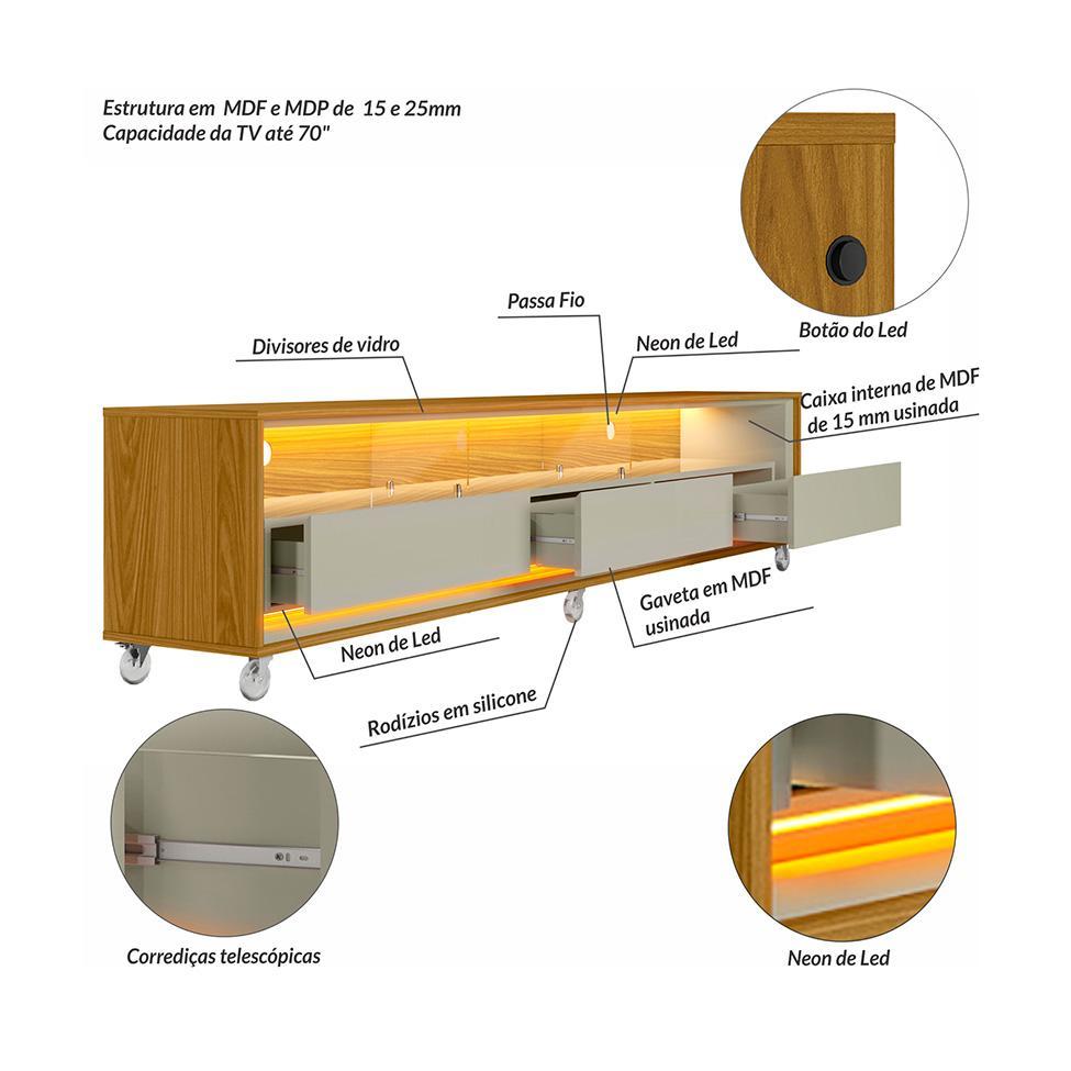 Rack com Painel Ripado até 70 Polegadas Sintra com LED 3 GV Cedro e Off White Alt 242 Larg 222 cm - 5