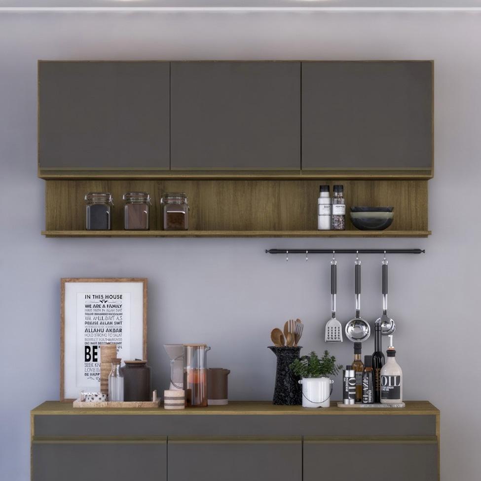 Armário Aéreo New York 3 PT Mel e Grafite - 2