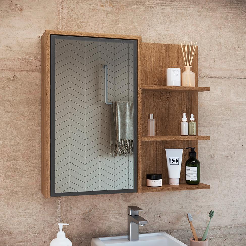 Armário de Banheiro com Espelho Paula 1 PT Mel e Grafite - 1