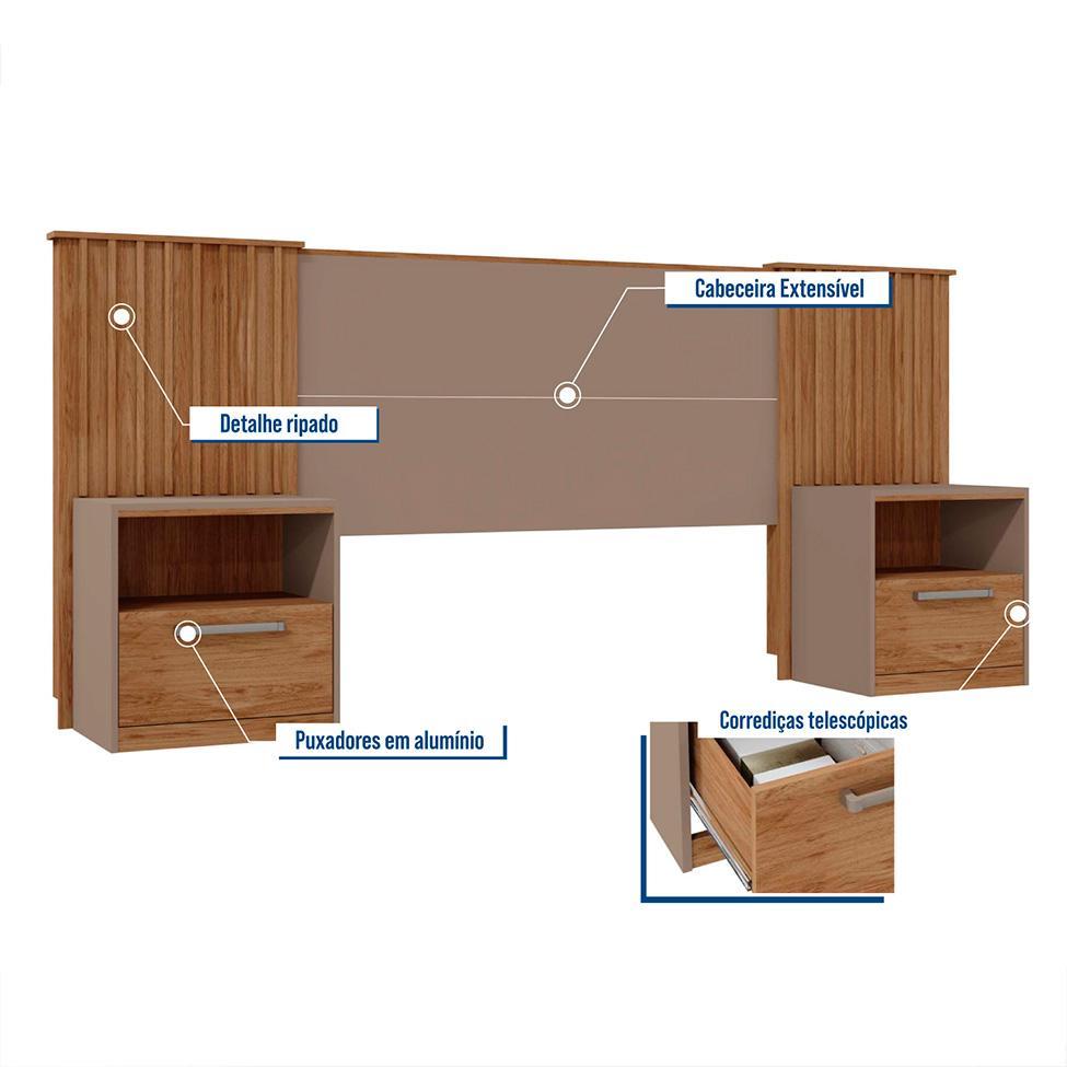 Cabeceira Casal Extensível com 2 Mesas de Apoio Lucius 2 GV Buriti e Fendi - 2