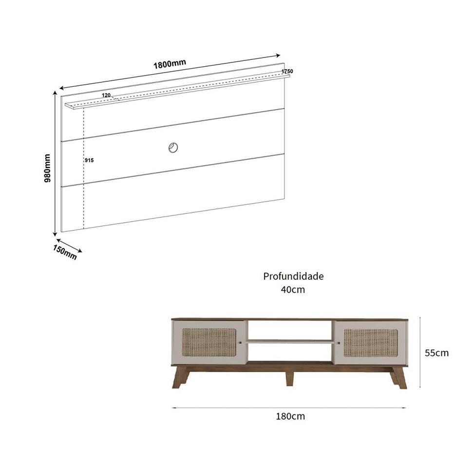 Conjunto de Rack Charlotte 2 PT com Painel para TV até 42 Polegadas Slim Pinho e Off White - 3