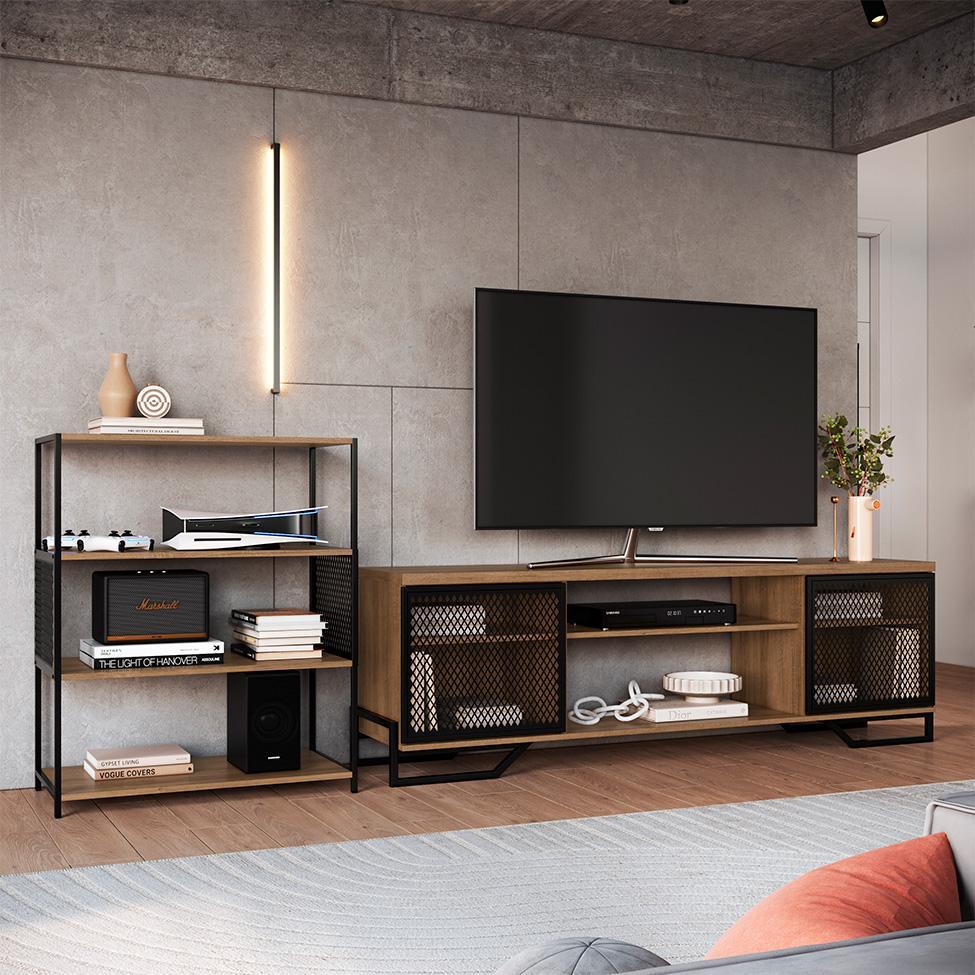 Conjunto para Sala de Estar Paricel com Rack 2 PT e Estante 77cm Preto e Mel - 1