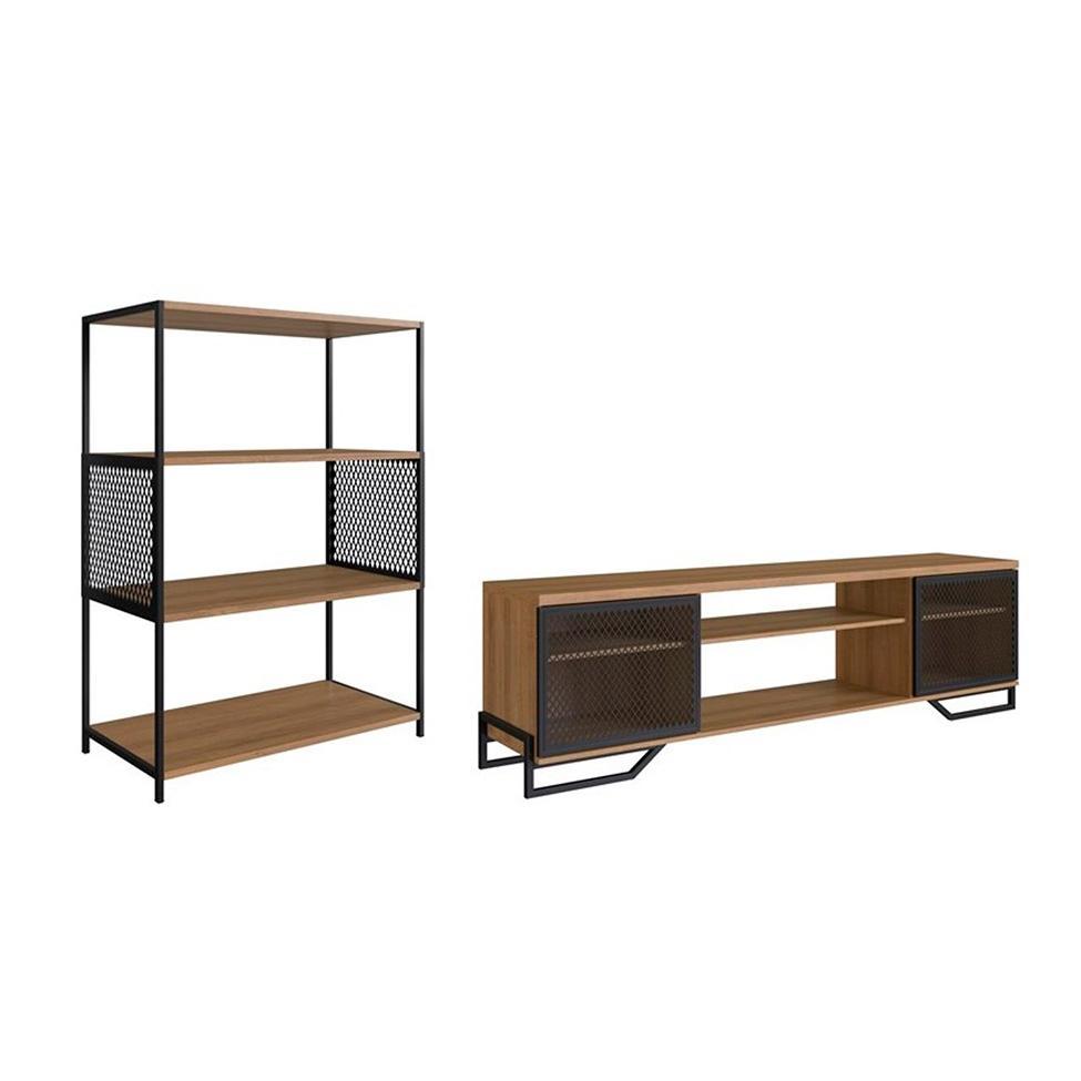 Conjunto para Sala de Estar Paricel com Rack 2 PT e Estante 77cm Preto e Mel - 2
