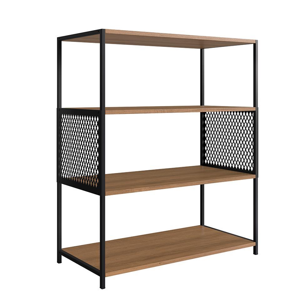 Conjunto para Sala de Estar Paricel com Rack 2 PT e Estante 77cm Preto e Mel - 7