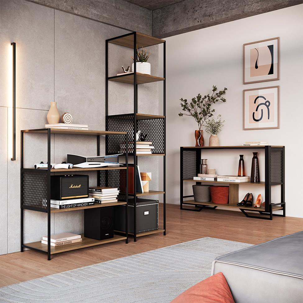 Conjunto para Sala de Estar Paricel com Aparador, Estante 40cm e Estante 77cm Preto e Mel - 1