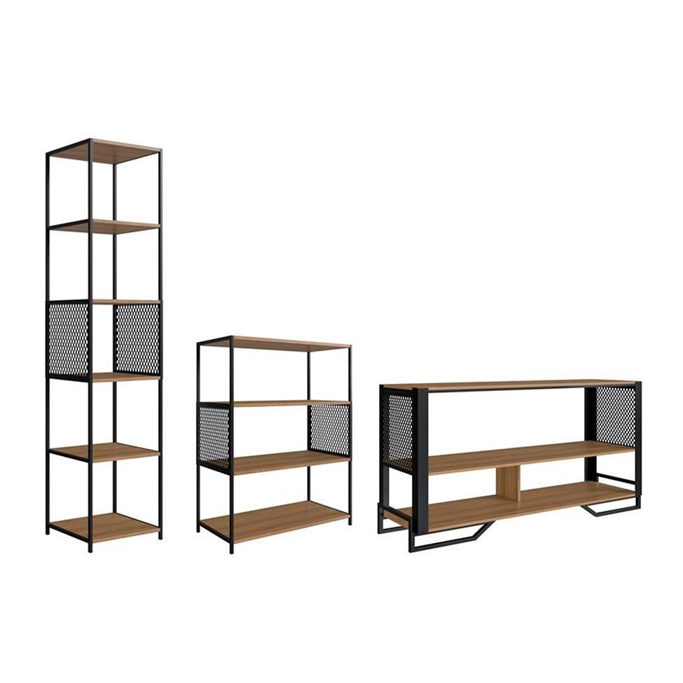 Conjunto para Sala de Estar Paricel com Aparador, Estante 40cm e Estante 77cm Preto e Mel - 2
