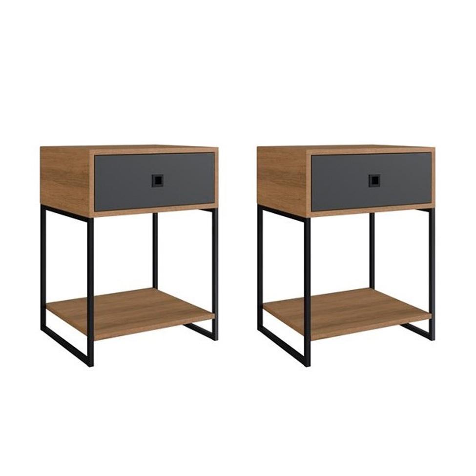 Conjunto com 2 Mesas de Cabeceira Paricel 2 GV Mel e Grafite - 2