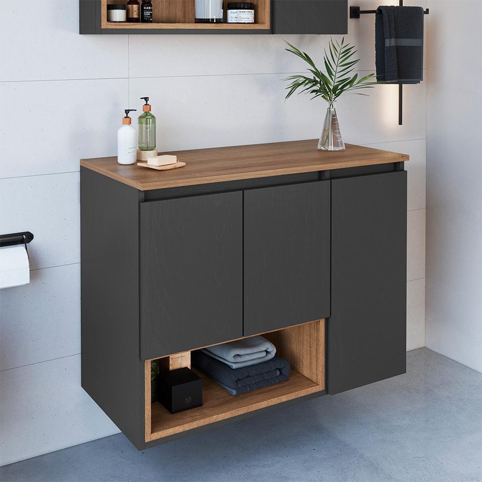 Gabinete de Banheiro Cecília 3 PT Grafite e Mel - 1