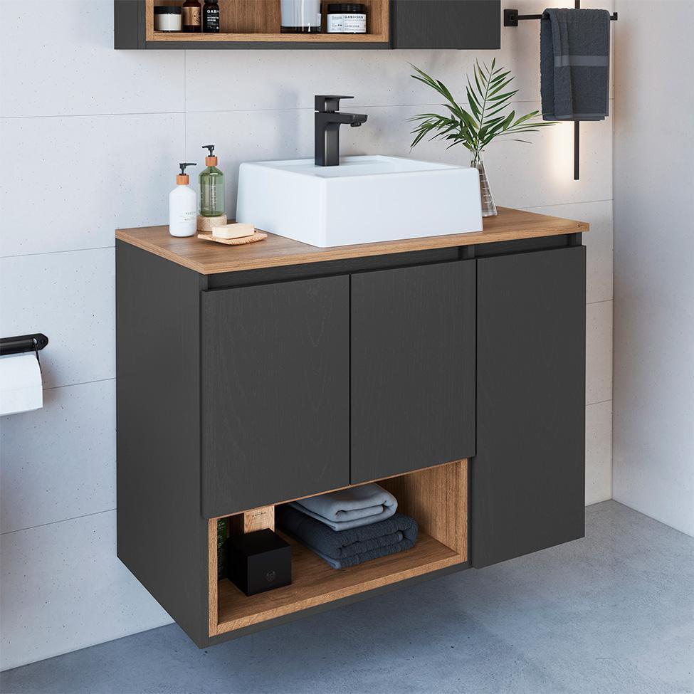 Gabinete de Banheiro com Cuba Cecília I 3 PT Grafite e Mel - 1