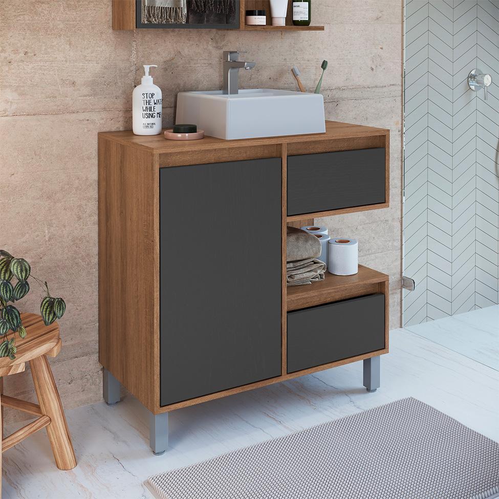 Gabinete de Banheiro com Cuba Paula I 1 PT 2 GV Mel e Grafite - 1