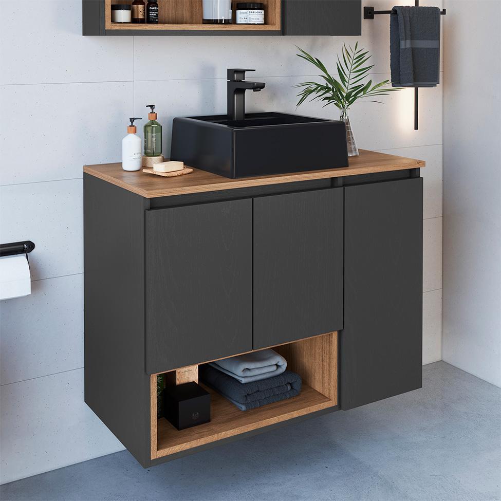 Gabinete de Banheiro com Cuba Cecília II 3 PT Grafite e Mel - 1