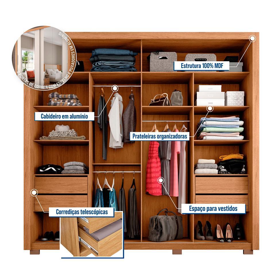 Guarda-Roupa Casal com 2 Espelhos Praticus 2 PT 4 GV Freijó e Off White - 2